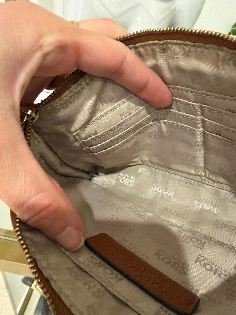 Michael Kors Cognac Leather Wristlet with Gold MK Emblem